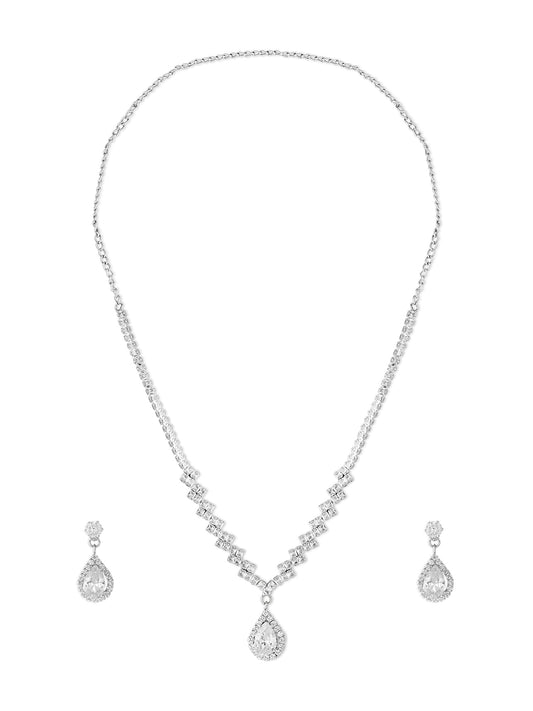 ZAVERI PEARLS Silver Tone Dazzling Austrian Diamonds Embellished Contemporary Necklace & Earring Set For Women-ZPFK18200