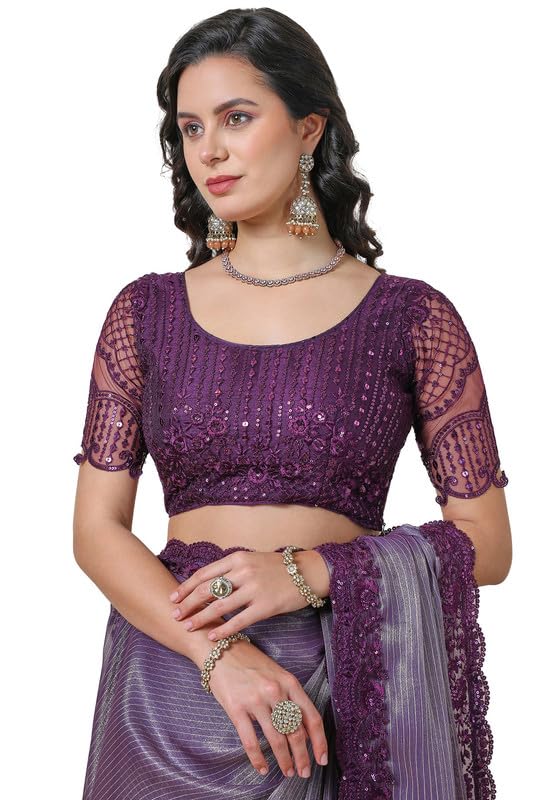 Soch Womens Purple Georgette Striped Saree with Sequins Border