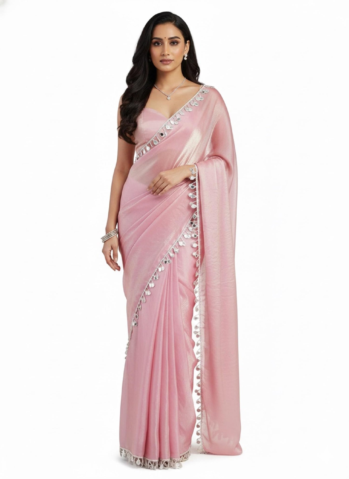 SATAZ Saree For Women Satin Tissue Silk With Mirror Lace And Unstitched Blouse Rose Pink (Unstitched - Not Pleated)