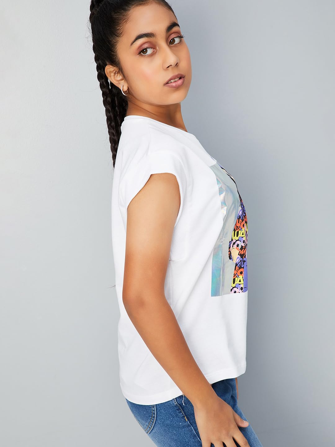 Max Girls Metallic Printed T-Shirt (S24EKT12WHITE)_15-16Y
