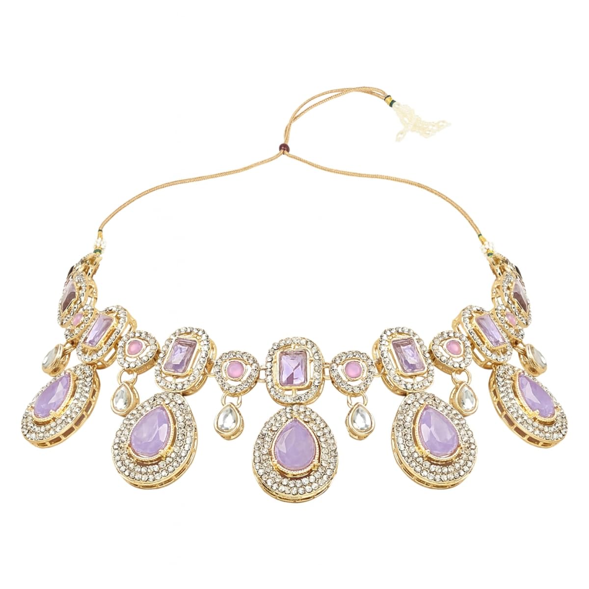 I Jewels Traditional Kundan & Stone Choker Necklace Jewellery With Earrings & Maang Tikka Set for Women/Girls (Light Purple)