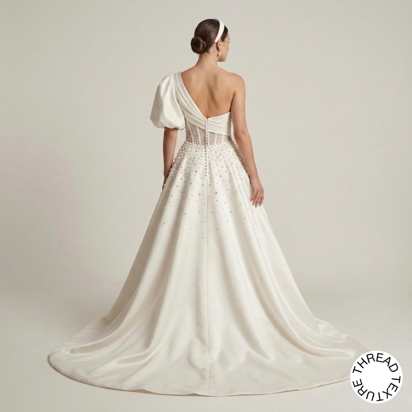 ThreadTexture Women's Elegant One Shoulder Puff Sleeve Pearl Embellished Bridal Wedding Gown (in, Alpha, S, Regular, Off White, Designer Shivay)