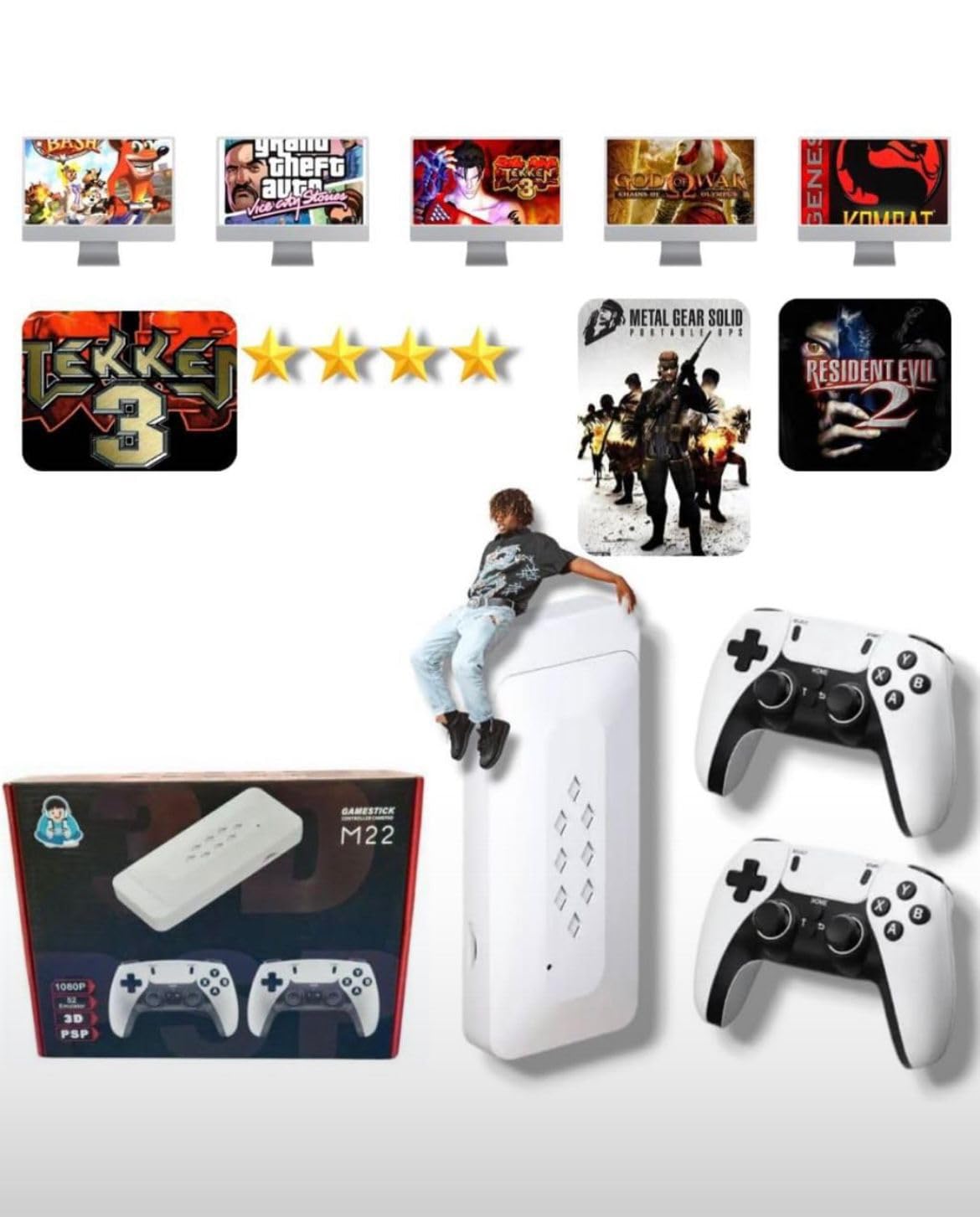 M22 GameStick High Graphics & Retro Gaming Console, 1080P HD, Dual Wireless Controllers, Classic Games Collection, White