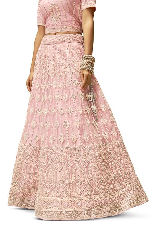 Soch Womens Pink Net Floral Embroidered Sequin Embellished Unstitched Lehenga Set