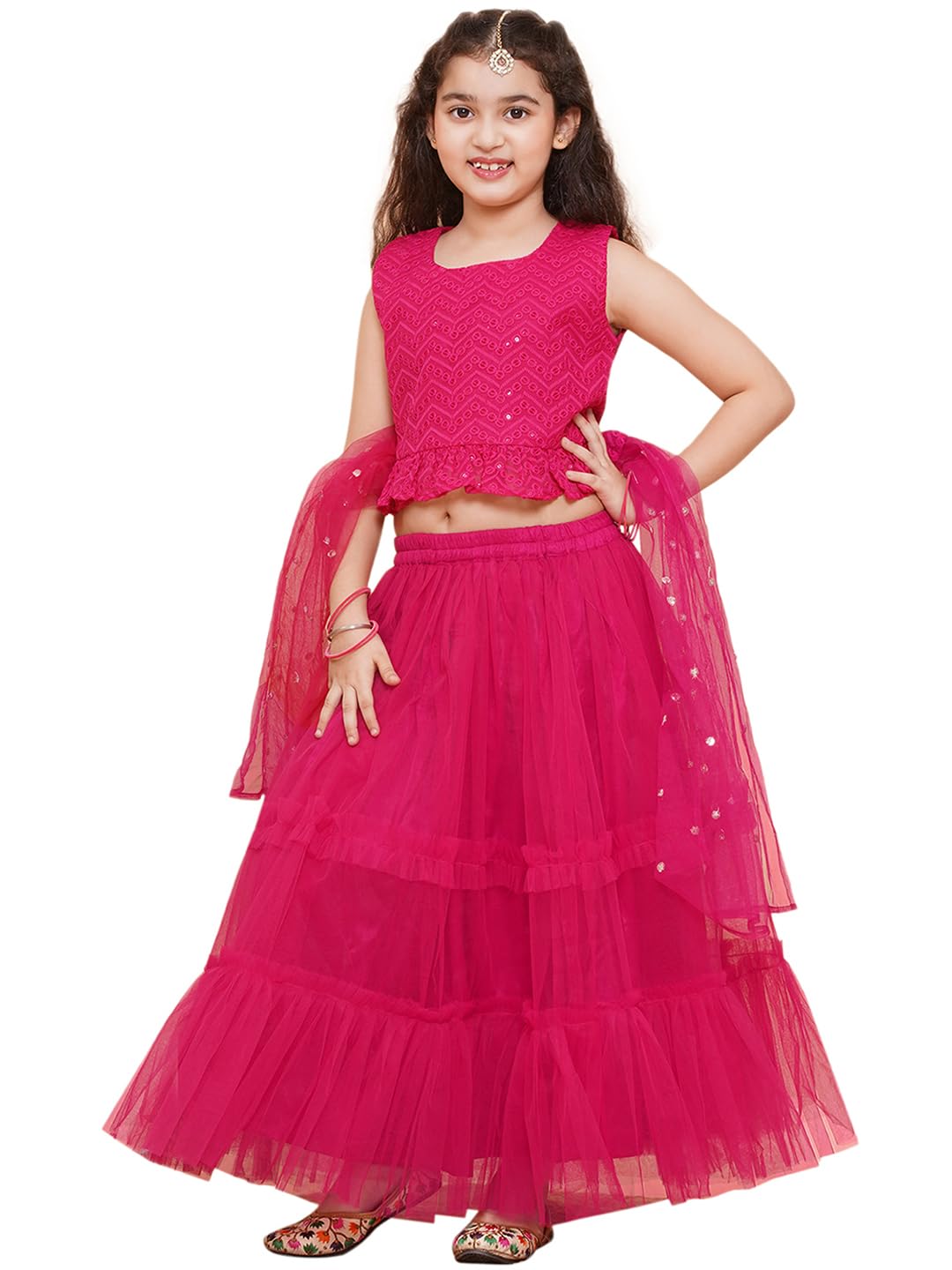 AJ DEZINES Kids Ethnic Wear Chiffli Chikankari Printed Dark Pink Lehenga Ghagra Choli Set For Girls (G-LH08-DARKPINK-30)