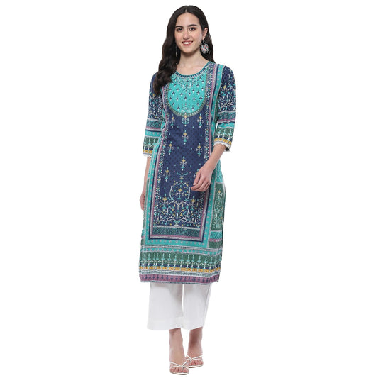 BIBA Cotton Women Printed Straight Fit Kurta Mix and Match(Assorted20018_Teal_34)