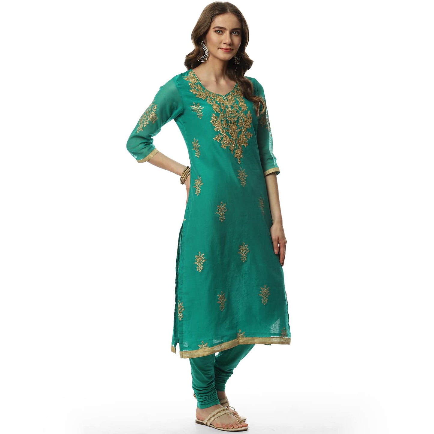 BIBA Cotton Women Printed Fitted Salwar Kurta Dupatta(Skdassorted7716_Green_34)