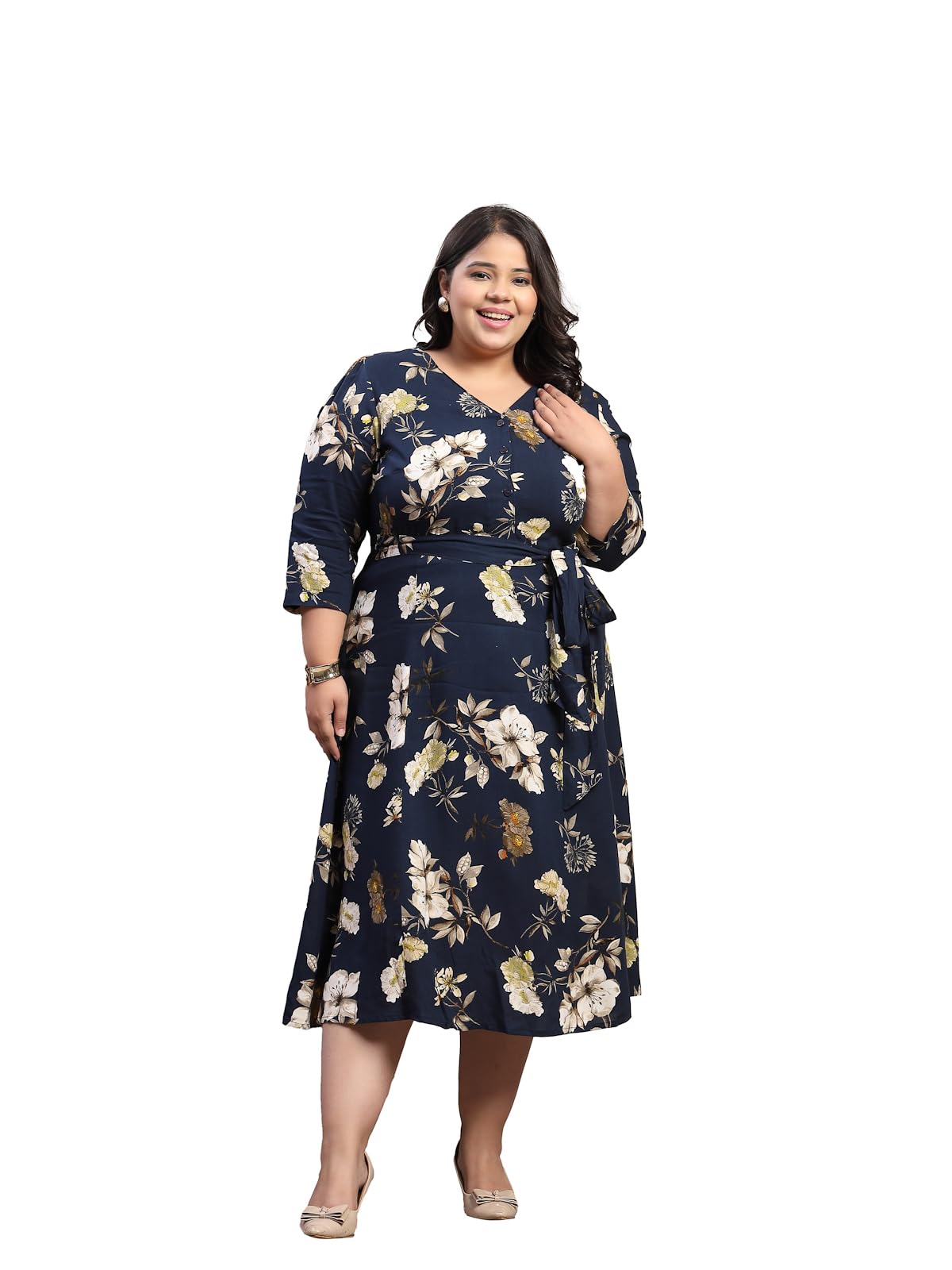 Women Plus Size Floral Print Puff Sleeve Maxi Dress (LDR20244-BLUEBEIGEFLORAL-7XL)