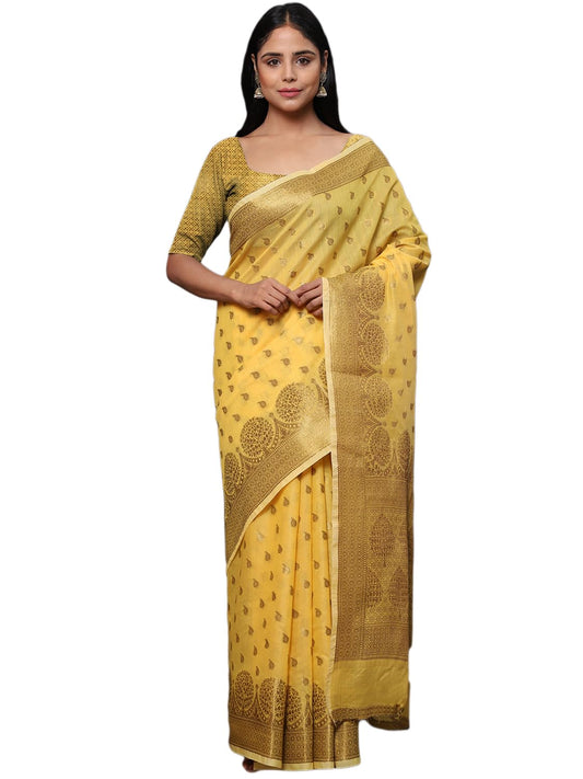 leeza store Women's Yellow Cotton Silk Blend Golden Zari Tree Pattern Border Rich Pallu Banarasi Saree With Blouse Piece