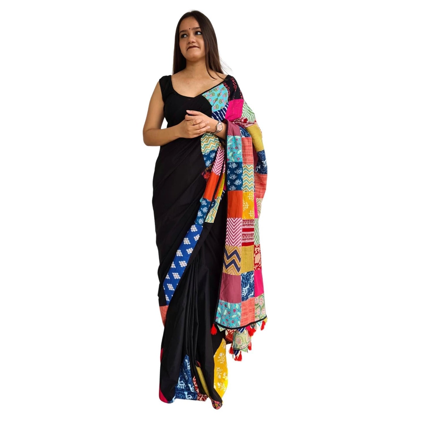 Save As Womens Saree Black - Unique 100% Cotton Reclaimed Fabric Saree Without Blouse