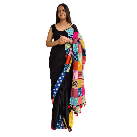 Save As Womens Saree Black - Unique 100% Cotton Reclaimed Fabric Saree Without Blouse
