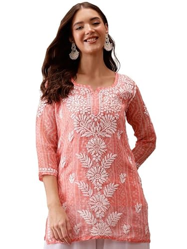 Ada Women Cotton Blend Regular Fit Hand Embroidered Lucknowi Chikankari Printed Kota Doria Short Kurti Top Tunic with Slip A911440 Peach (XL)