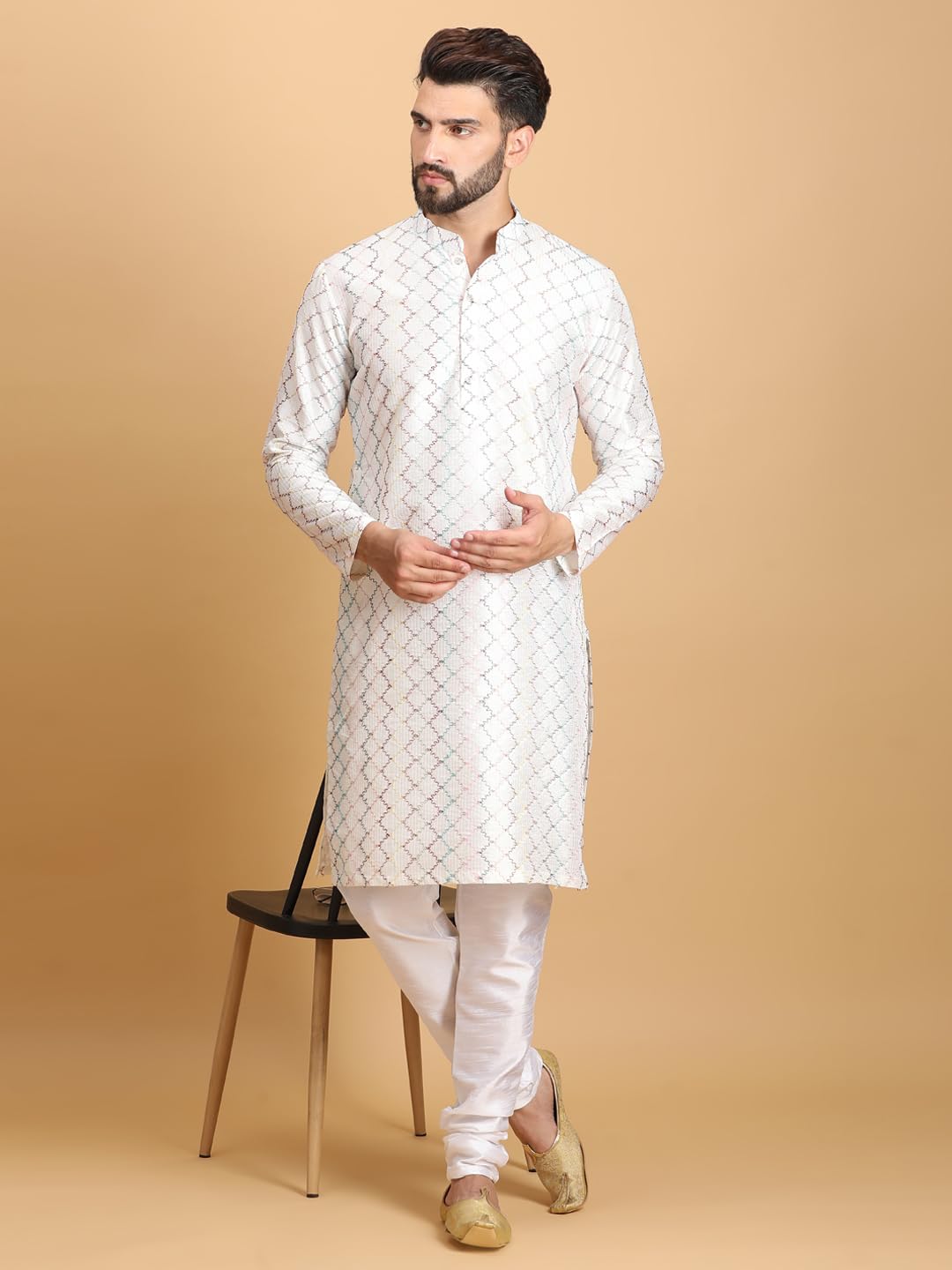 Ethluxis Men's Silk Blend Embroidered Regular Fit Kurta with White Churidar Set (46, White Multi)