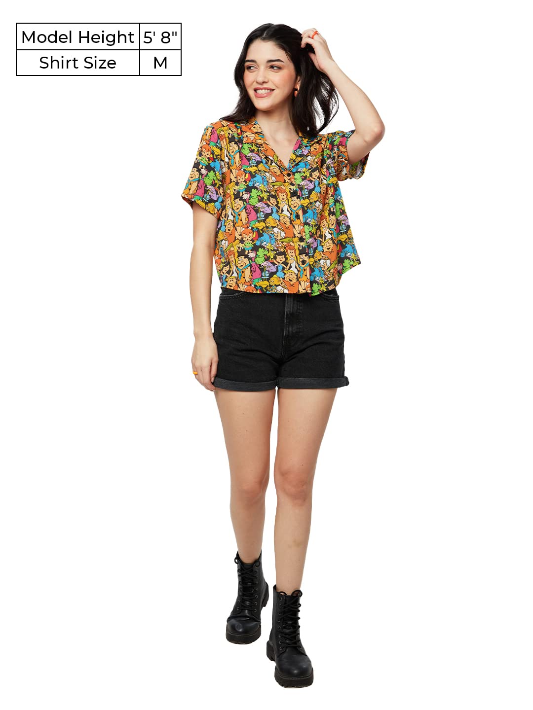 The Souled Store| Official The Flintstones: Gang Womens and Girls Shirts|Half Sleeve|Regular fit Graphic Printed|100% Rayon Black Color Women Hawaiian Shirts