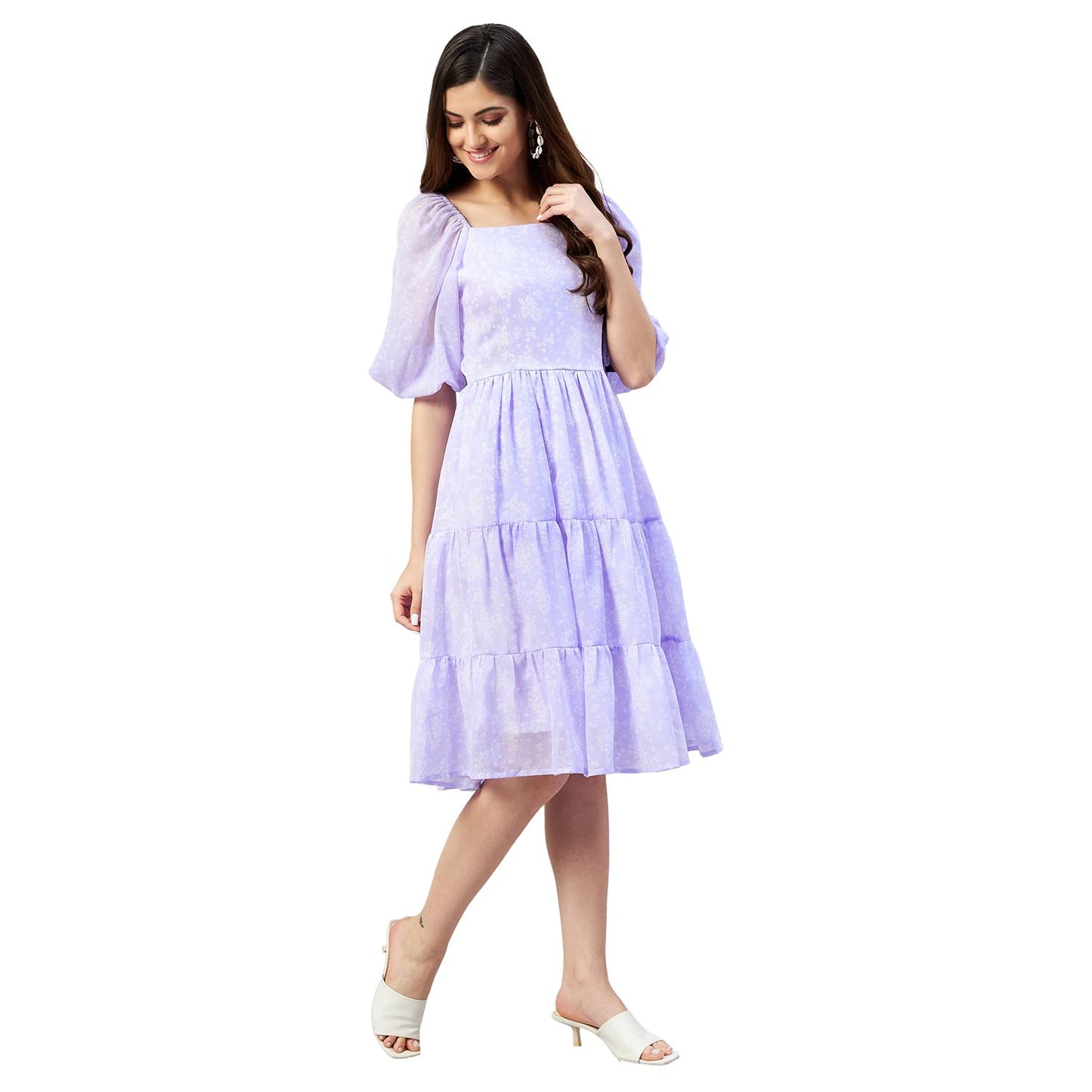 Carlton London Women's Georgette Fit and Flare Knee-Length Dress (CL646A_Lavender_Small)