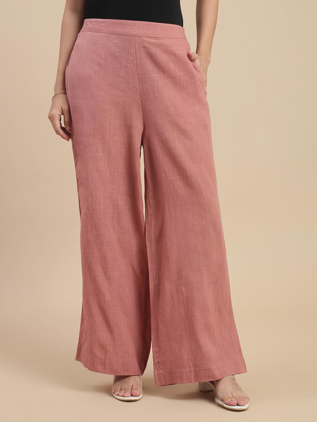 De Moza Women Regular Fit Straight Palazzo - Peach | 100% Cotton Slub | Mid Rise | 2 Pockets | Casual & Office Wear