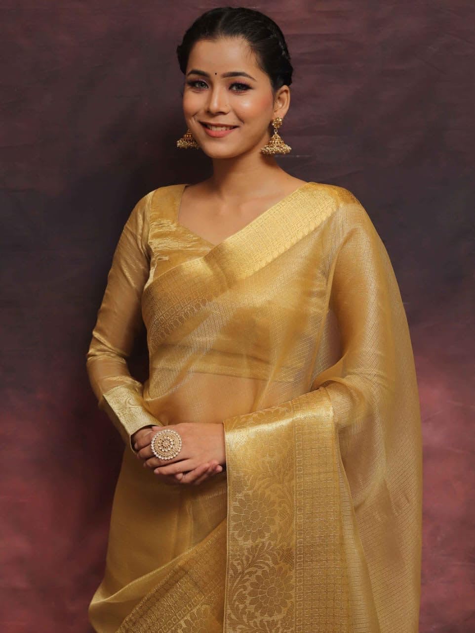 Women's Glory Womens Kanjivaram Banarasi Silk Saree Blend Woven Zari with Jacquard Woven Unstitched Blouse Piece. (Gold Tissue Plain)