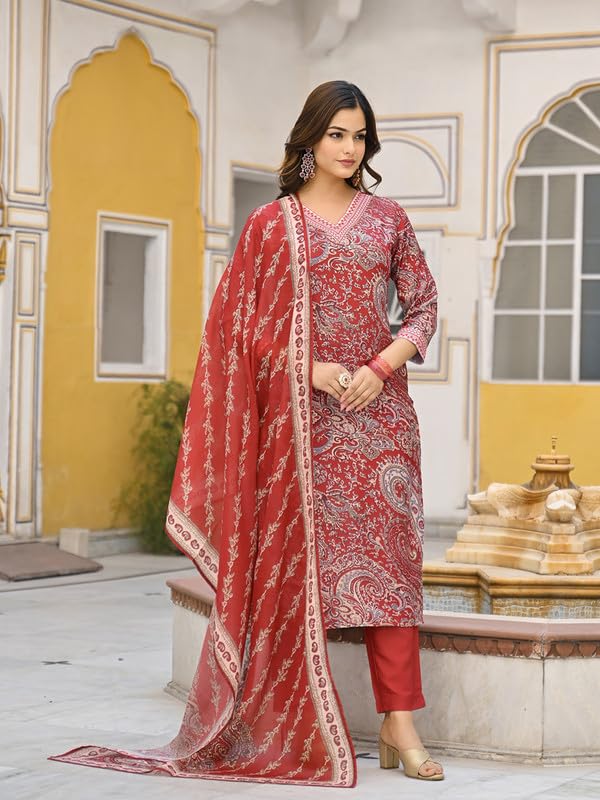 Vaamsi Women's Red Rayon Blend Paisley Straight Printed Kurta Pant With Dupatta Set | Straight Kurta Set | Printed Salwar Suit For Women (VKSKD2317, S)