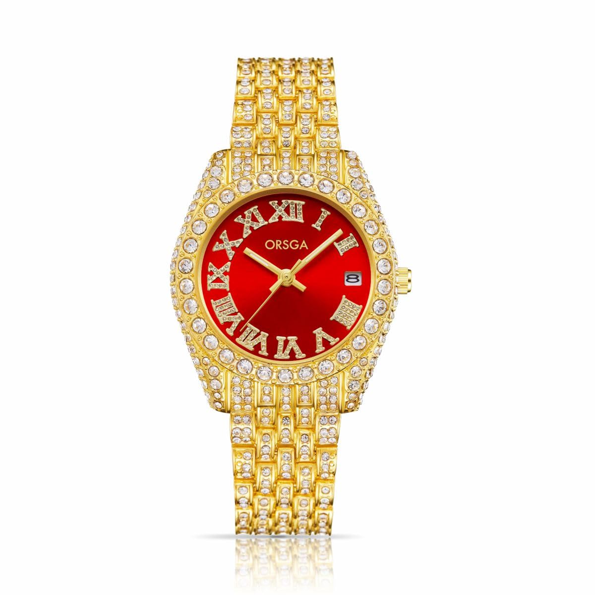 ORSGA Ornate Watch for Women Opal Red Dial Full Diamond Studded Band Gold Watch Gift for Women, Birthday Gift, Aniversary