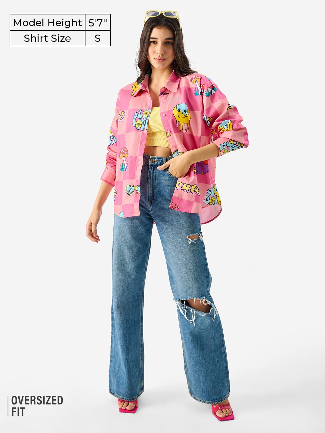 The Souled Store Slow Down Long Sleeve Collared Button Down All Over Print Oversized Fit Cotton Boyfriend Shirt for Women & Girls Pink