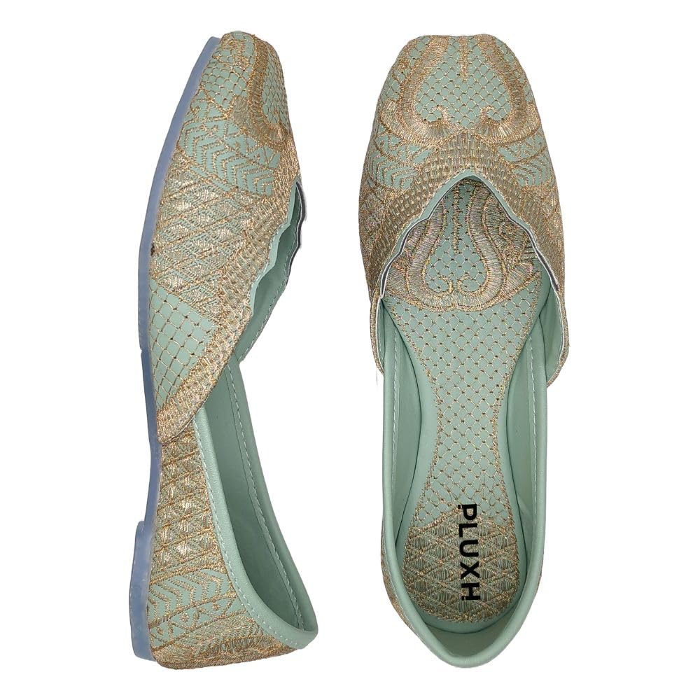 Pluxh Women's Mt-Green Embroidered Traditional Flats Punjabi Jutis 5 UK