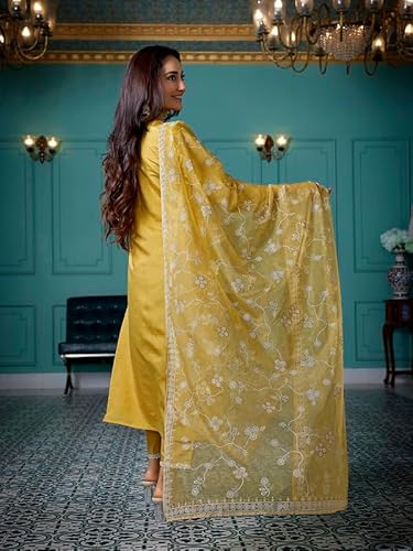 Royal Export Women's Chanderi Ethnic Motifs Embroidered Straight Kurta Pant with Dupatta, kurta sets for women-Yellow