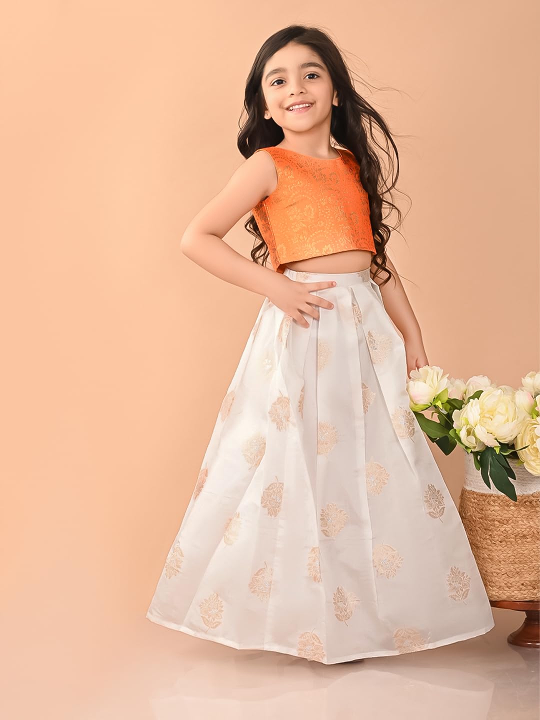 LILPICKS Embossed Sleeveless Blouse with Batik Printed Lehenga Set for Girls (Orange White) (5-6Y)