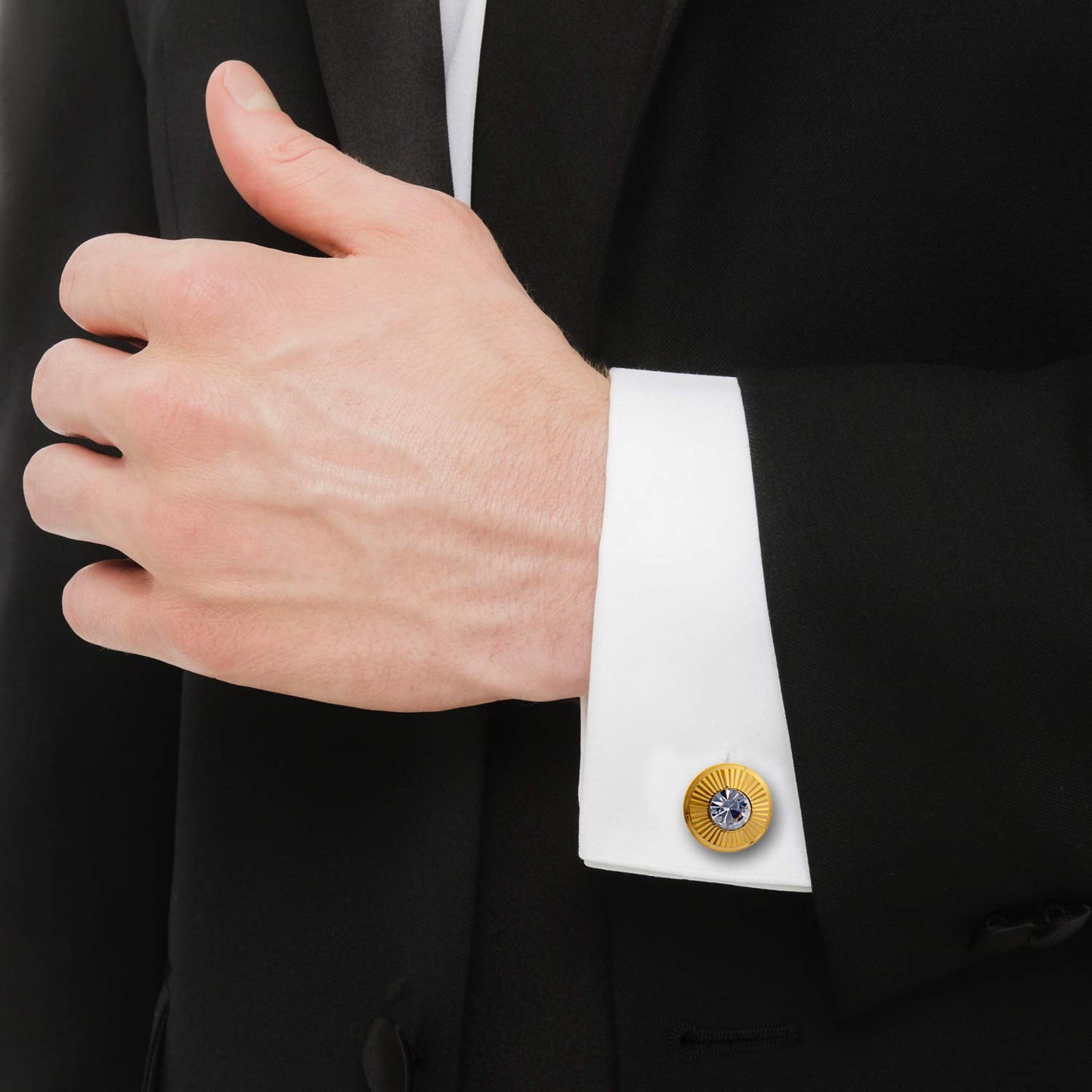 Lucky Jewellery Unique Men Jewelry White Color Stone Gold Plated Sleeve Button Formal Cuff Button Wedding Shirt Button, Suit, Blazer Cufflinks Pair Gift Set For Men (189-M4C4-STTM40RD-W)