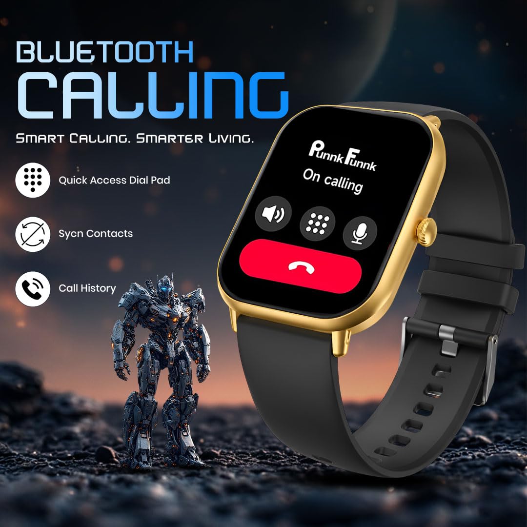 PunnkFunnk NovoLux HD Display Smartwatch for Men & Women | Bluetooth Calling | Heart Rate | Sleep Monitor | 113+ Sports Modes | IP67 Waterproof Smartwatch for Android & iOS - (Gold Dial Black)