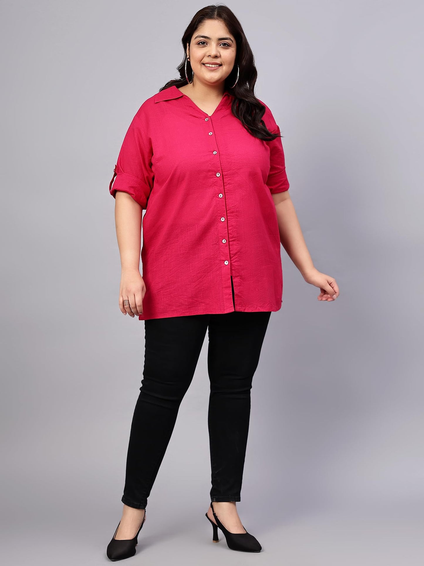 Indietoga Women's Plus Size Cotton Longline Casual Shirt (P10001508_Pink Solid_XL)