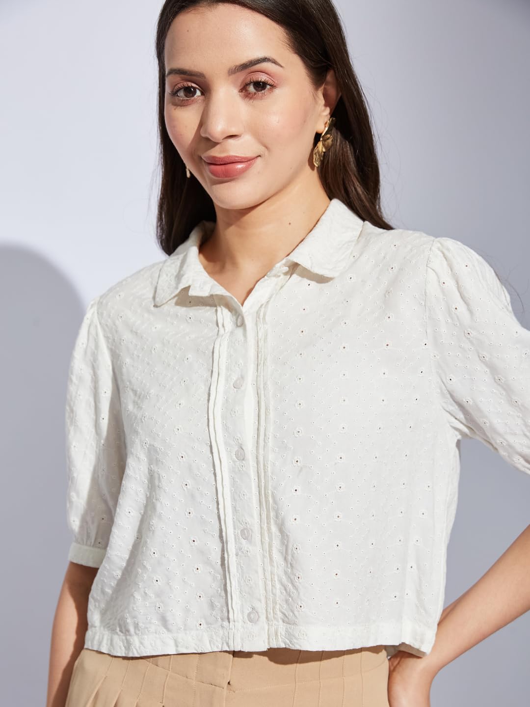 Latin Quarters Women Ivory Collared Half Sleeves Solid Shirt Blouse for Casual Wear_M