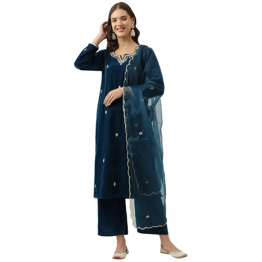 Divena Rayol Blue Hand Embroidered Velvet Straight Kurta, trousers with Dupatta Set