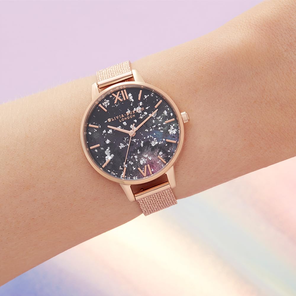 Olivia burton Celestial Qtz Basic Black & Resin & Ss Glitter Round Dial Women's Watch|Ionic Plated Rose Gold Steel Material|Gold Color Band - OB16GD33