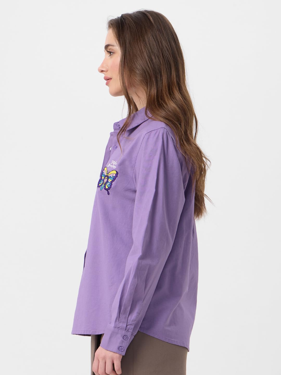 The Souled Store Butterfly Women & Girls Long Sleeve Collared Neck Button Down Relaxed Fit Cotton Shirts Purple