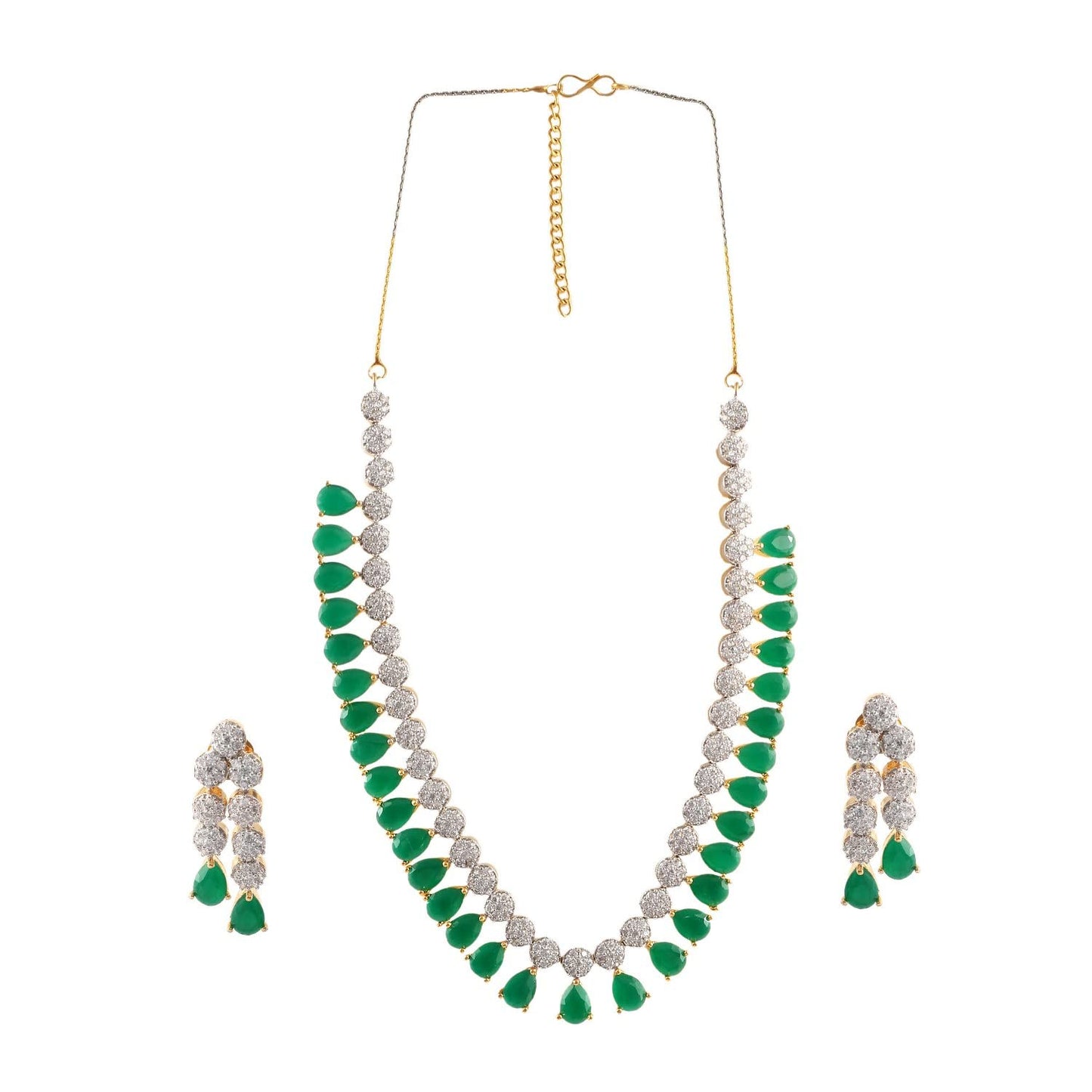 Jewar Mandi Necklace Set Ad Cz Silver Gold Plated Two Tone Gemstone Jewelry for Women & Girls (Green Emerald)