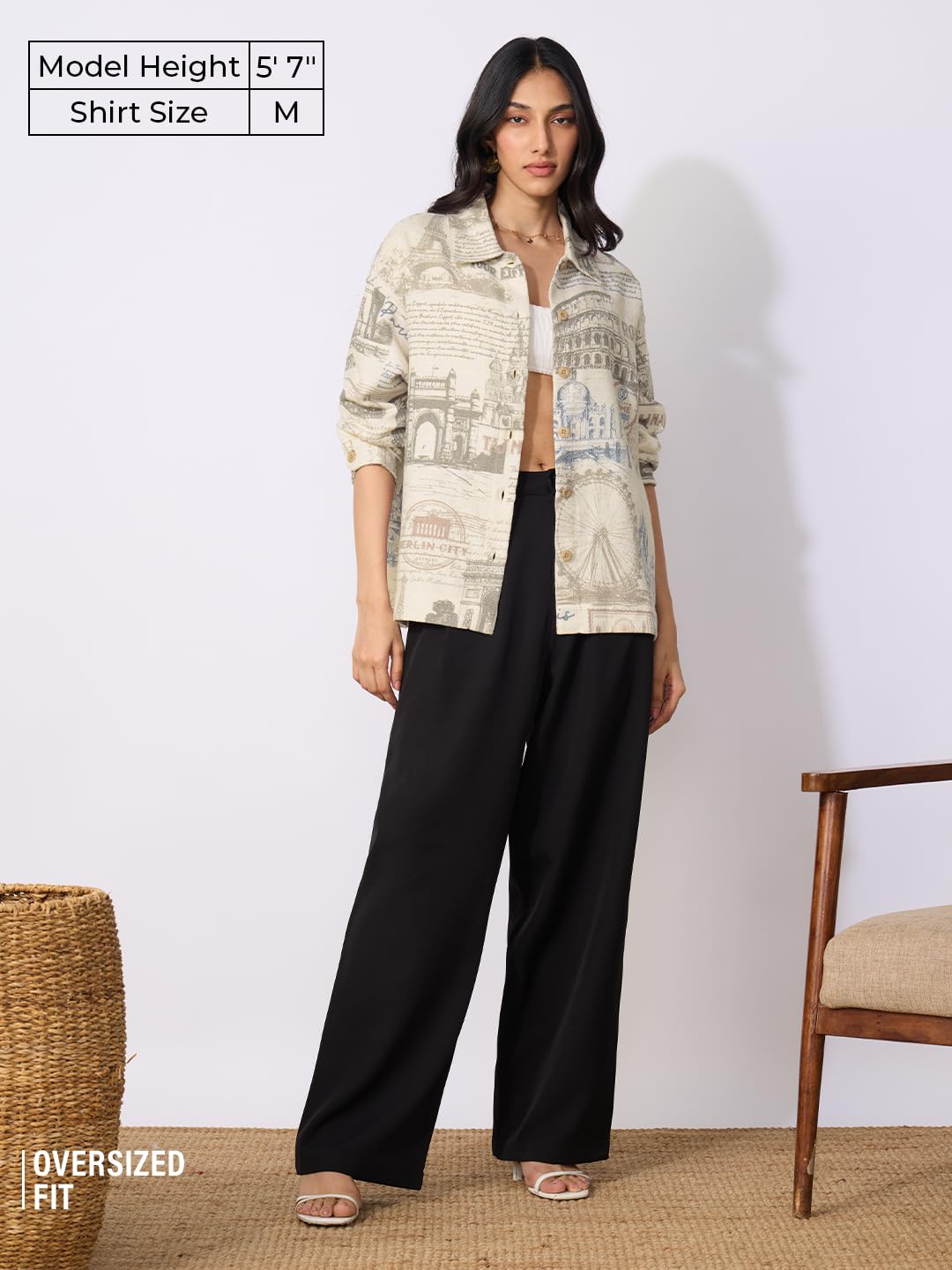 The Souled Store Monuments Women and Girls Long Sleeves Collared Neck Button Front Biege All Over Printed Cotton Boyfriend Shirts