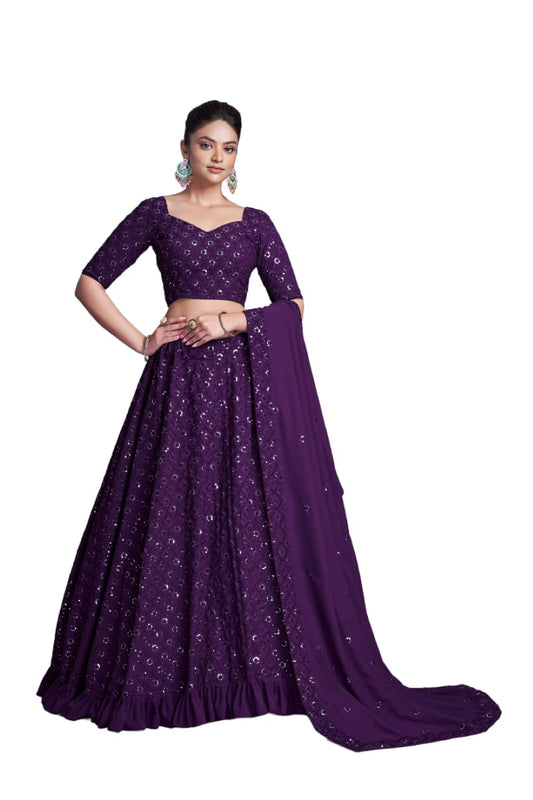 Fashion Basket Georgette Embroidery Work Lehenga Set for Women. (Purple)