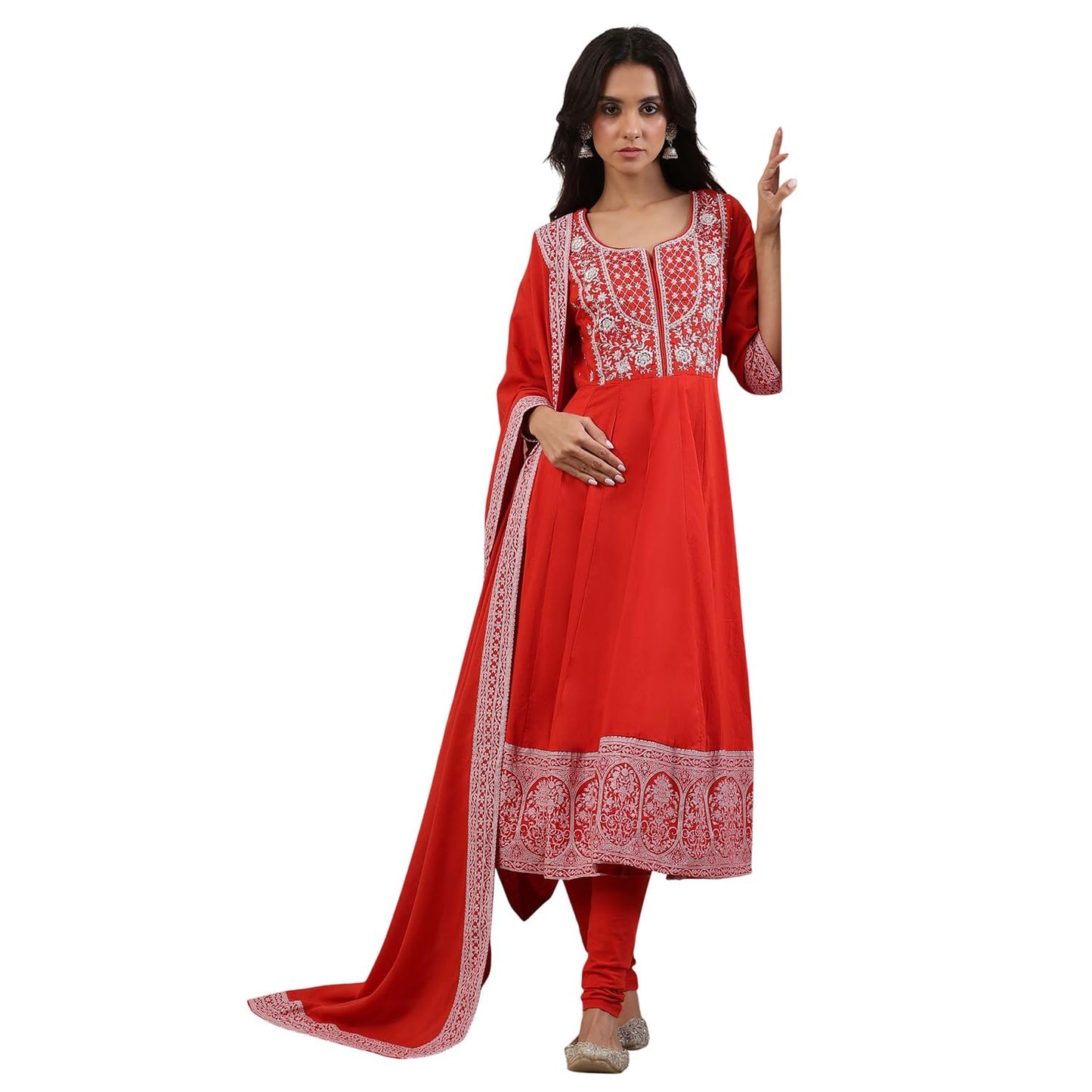 Biba Women Red Cotton Kalidar Suit Set_32