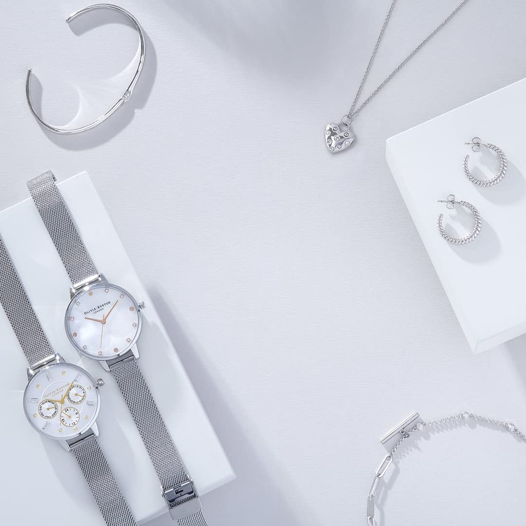 Olivia burton Classics Qtz Basic White Mother of Pearl & Stone & Stud Round Dial Women's Watch|Stainless Steel Material|Silver Color Band - OB16SE07