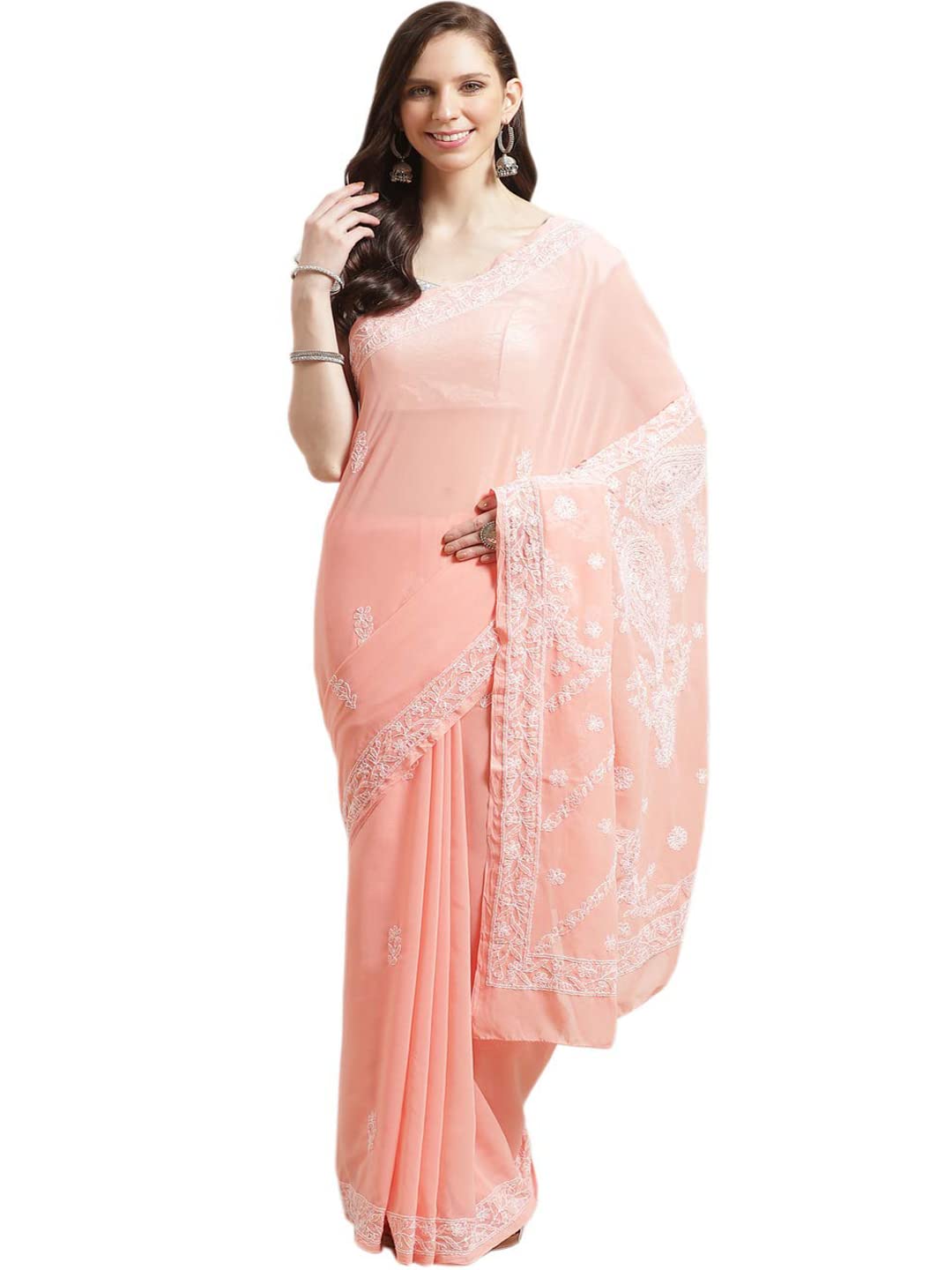 Ada Women's Handmade Lucknowi Chikankari Faux Georgette Saree with Blouse A191789 Peach