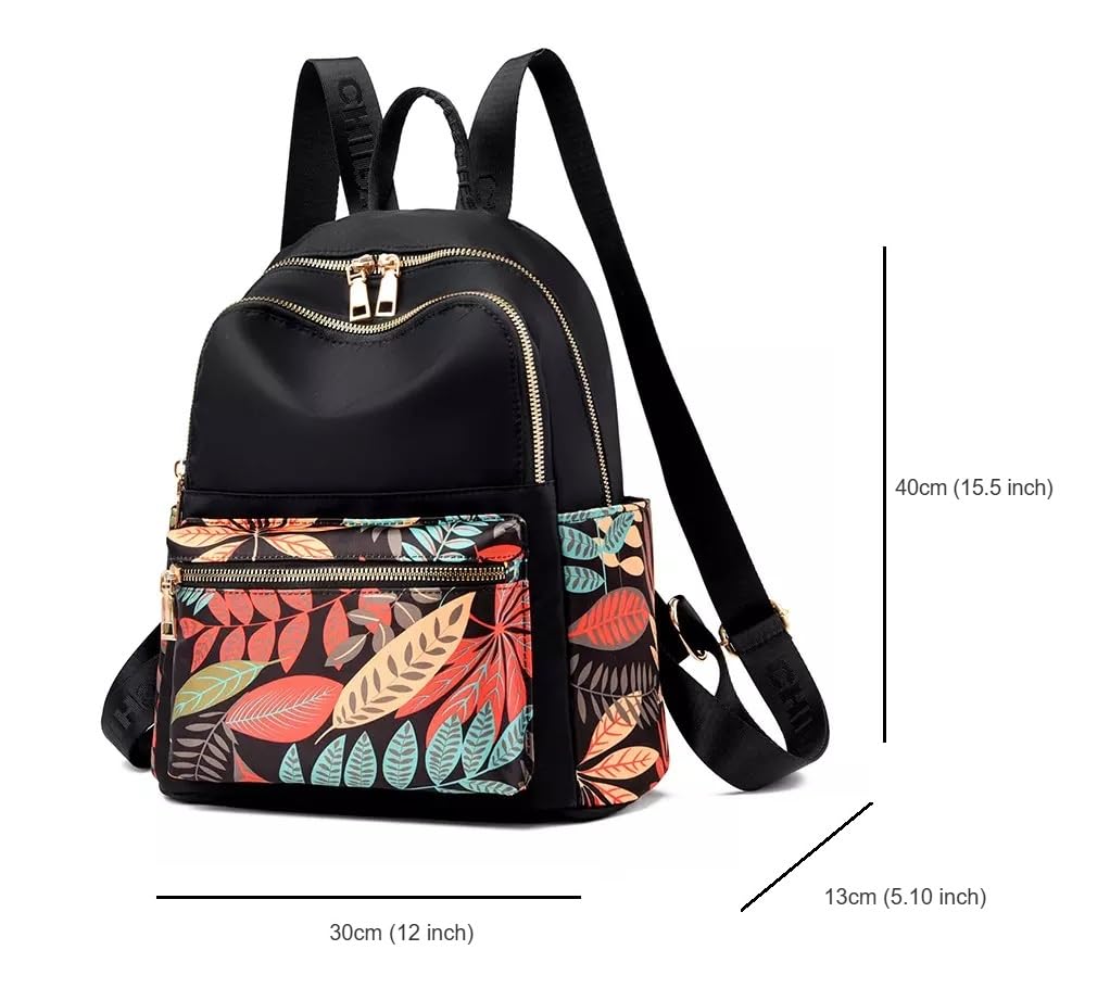 WANQLYN Ethnic Style Backpack For Women and Girls,Fashion Bag,Nylon College,School,Office Bag,Printed Backpack (Leaf Black)