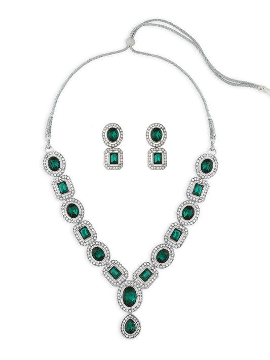 ZAVERI PEARLS Green Stones & Dazzling Austrian Diamonds Embellished Necklace & Earring Set For Women-ZPFK17196
