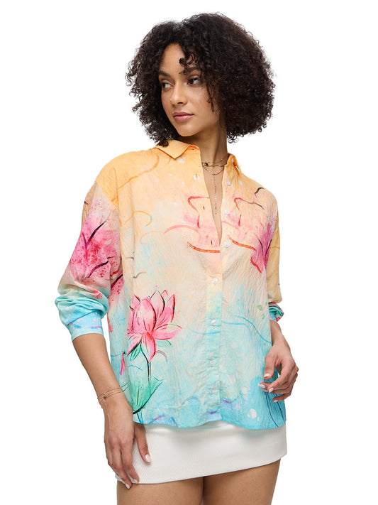 The Souled Store Blush Women and Girls Long Sleeves Collared Neck Button Front Printed Viscose Blend Boyfriend Shirts