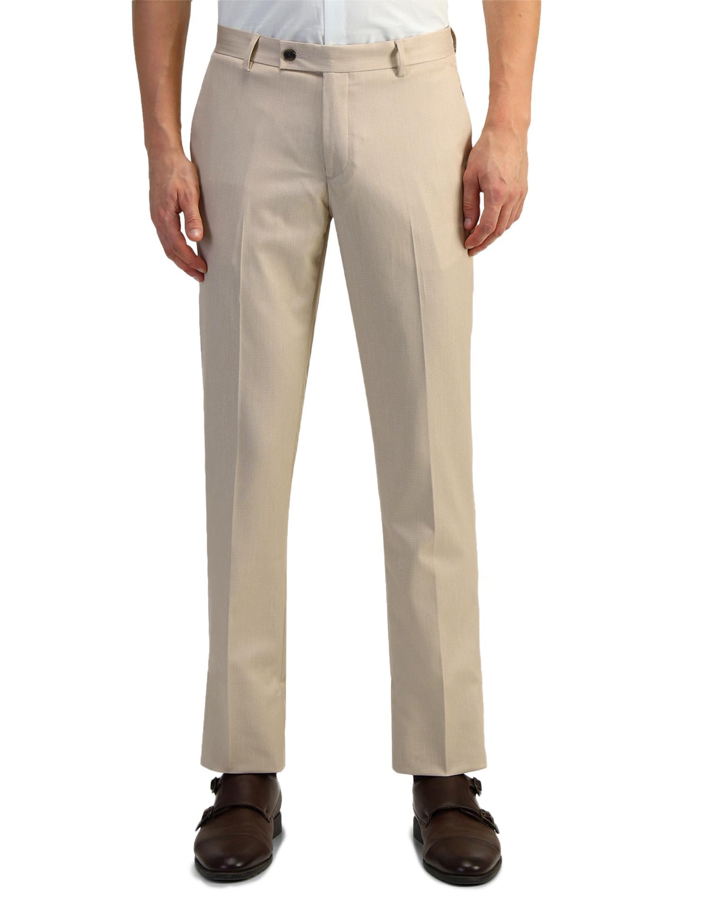 Arrow Men's Beige Textured Mid Rise Polyester Button Tapered Fit Flat Front Slant Pocket Trousers (ARAEOTR1604_Beige_34)