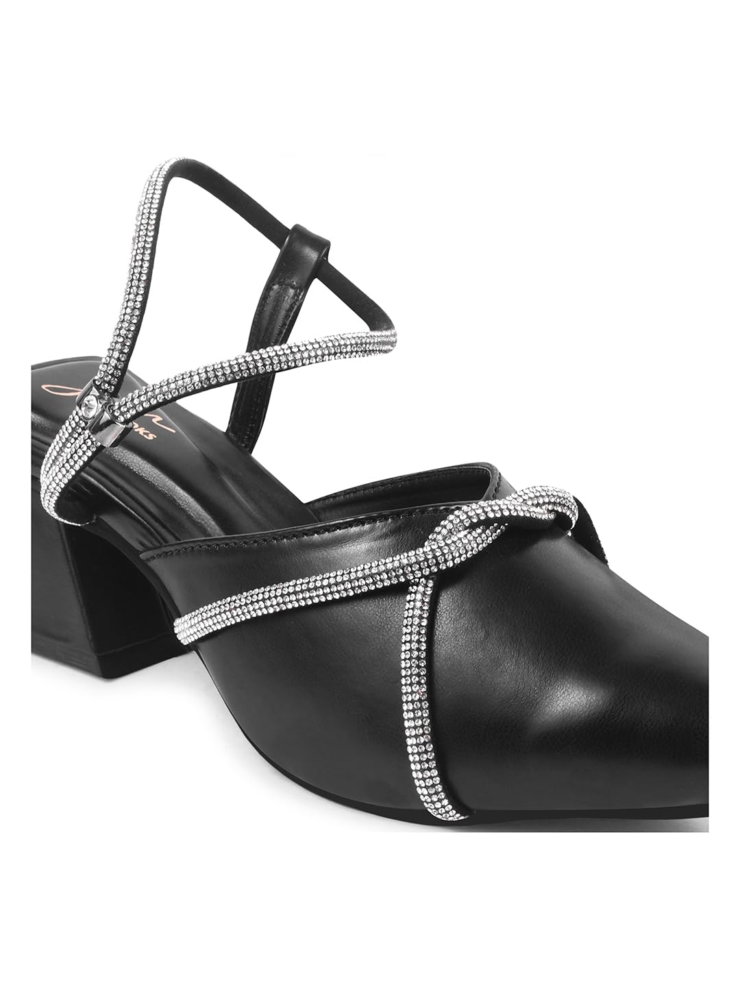 JM LOOKS Women's Block Heeled Sandal Low Heel Pointed Toe with Embellished Rhinestone Detail for Wedding Party Evening Prom - Black