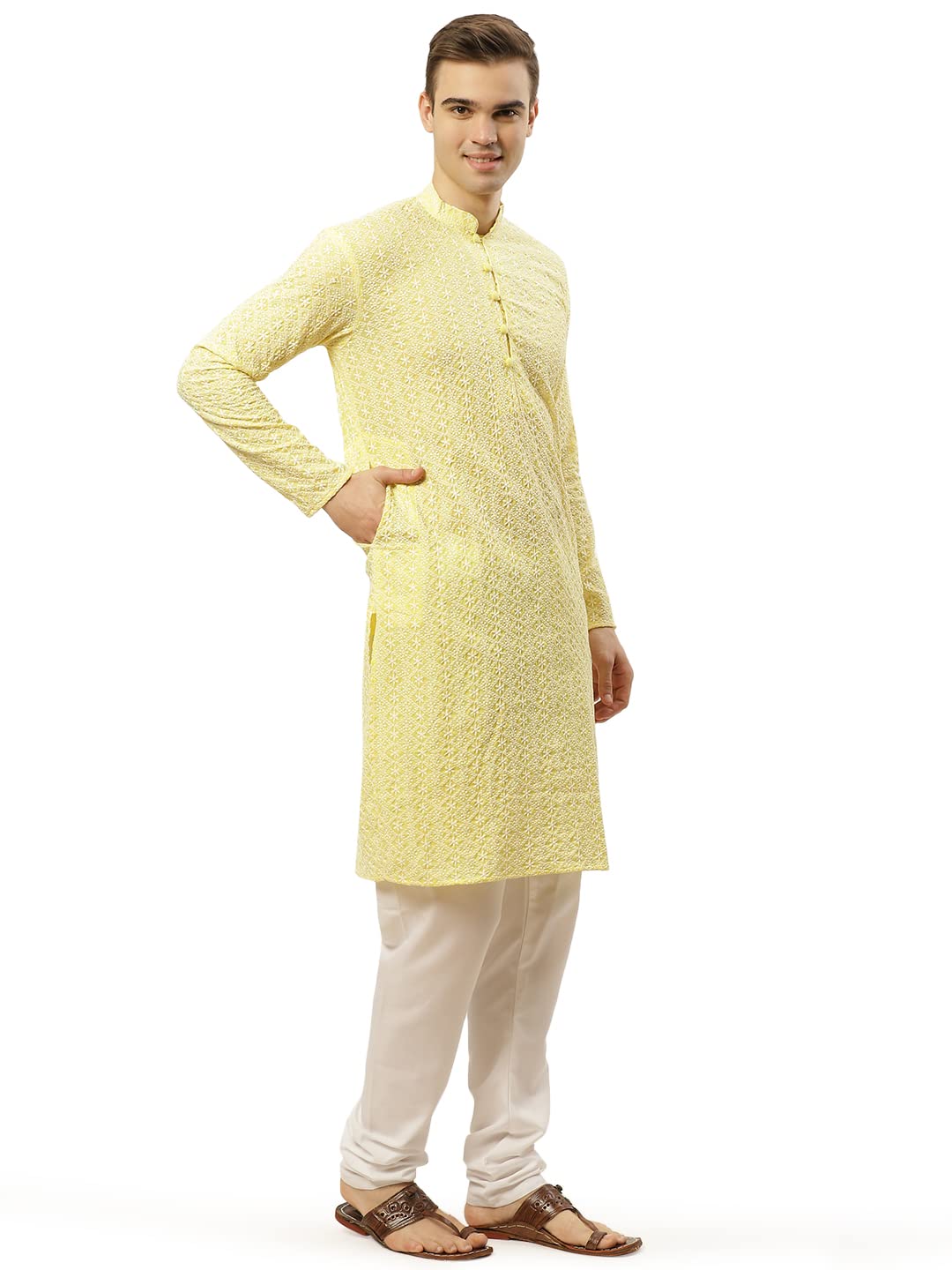Jompers Men's Yellow & White Embroidered Straight Kurta Pyjama Set. (Yellow, L)