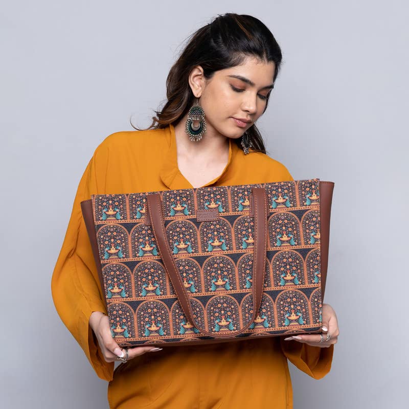 ZOUK Royal Indian Peacock Motif Printed Jute Handcrafted Vegan Leather Women's Multicolor Structured Tote Bag