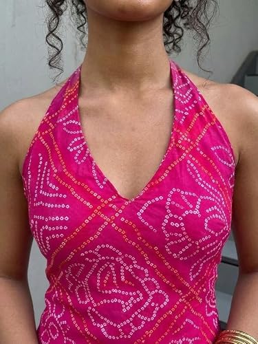 Nishorama Rang Bandhani Halter Neck Corset Kurti,XXL Pink