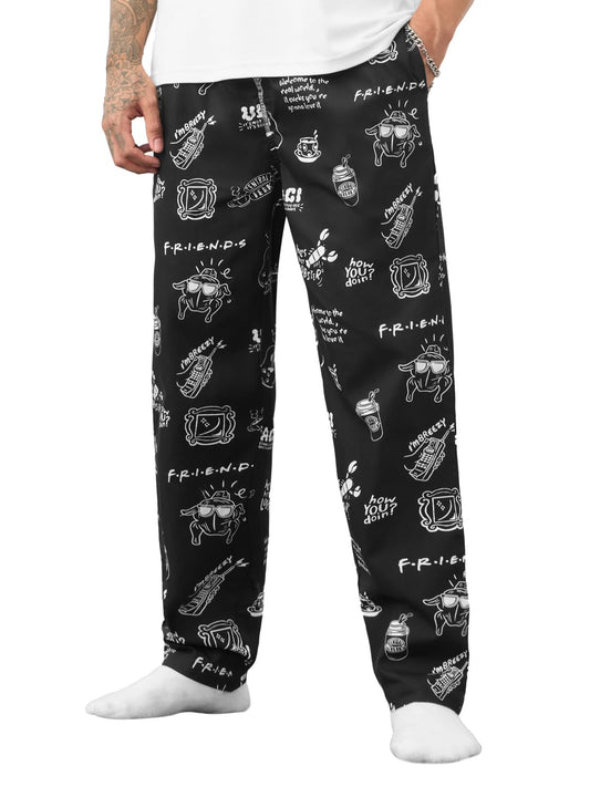 The Souled Store FRIENDS: Doodle Men and Boys Drawstring Waist Black All Over Printed Cotton Regular Fit Lightweight All-Season Lounge Pyjamas