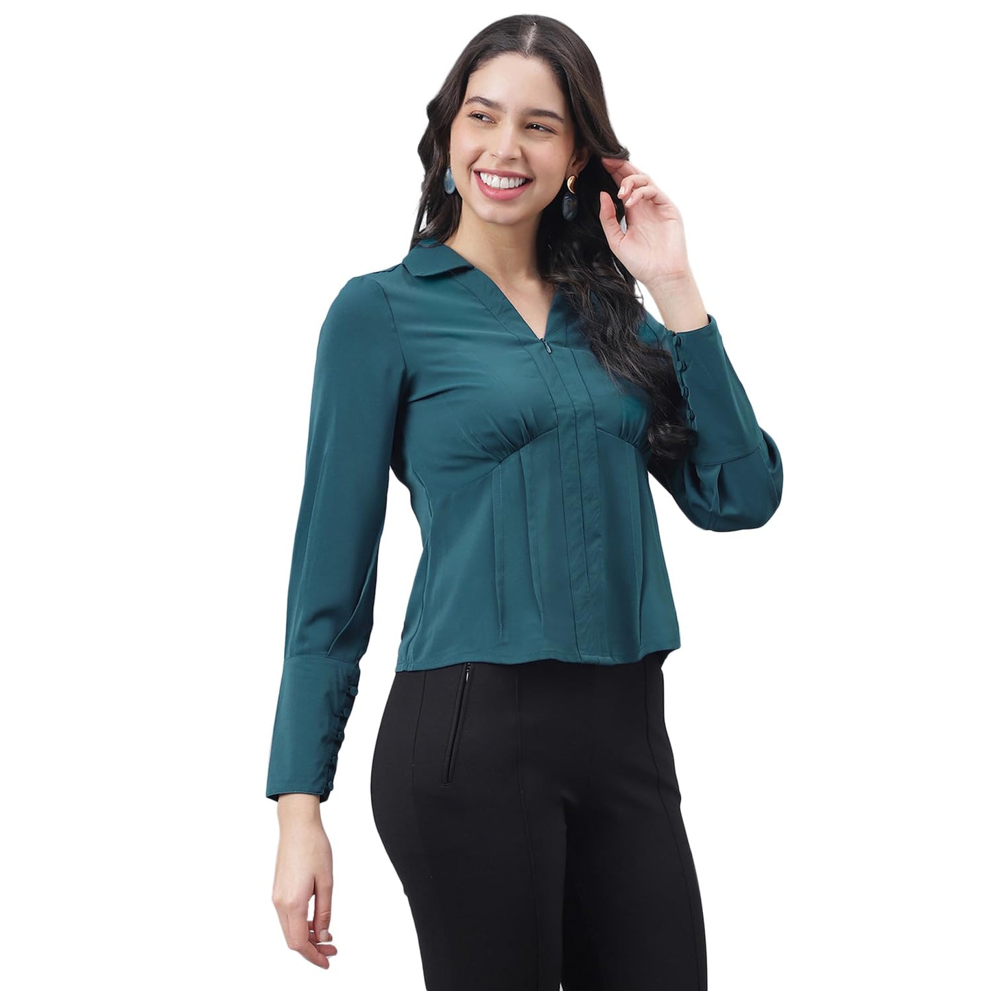 Latin Quarters Women Teal Half Sleeve Shirt Collar Solid Top_L